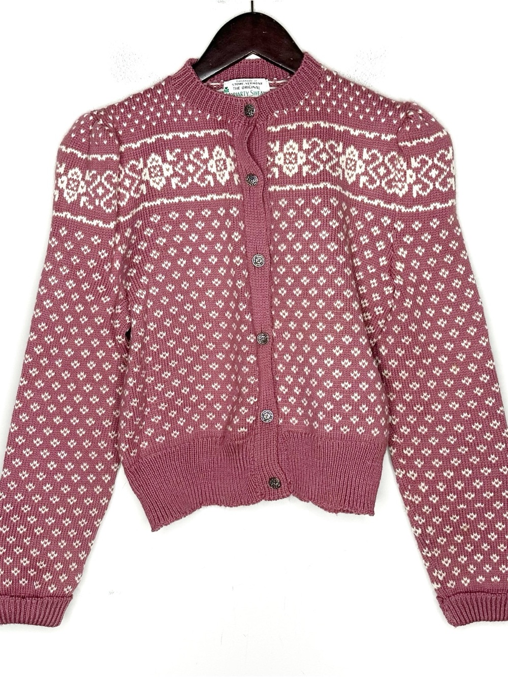 Vintage The Original Moriarty Sweater 100% Wool Fair Isle Cardigan Mauve